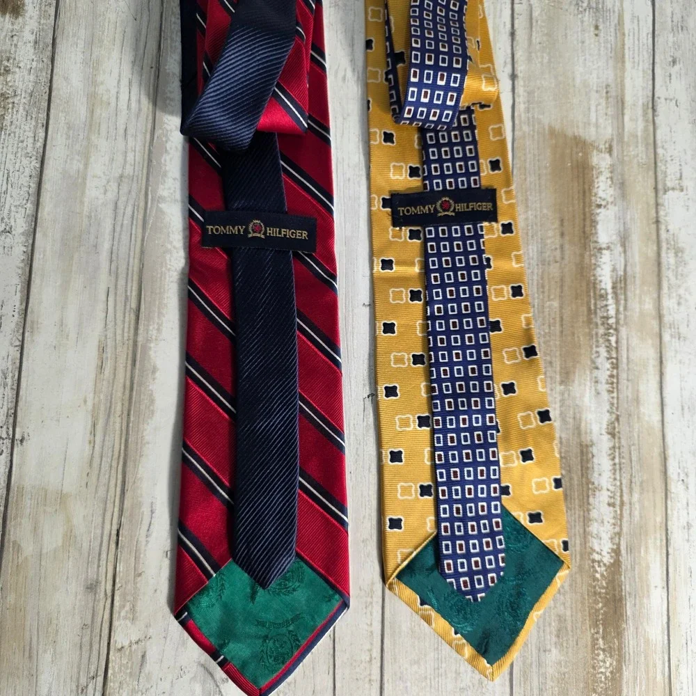 Tommy Hilfiger Mens Silk Necktie Bundle Red Striped & Yellow Geometric 2 Pack